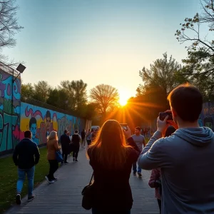 Colorful murals at Painted Park in Atlanta with photographers capturing images.