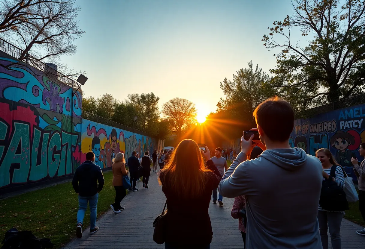 Colorful murals at Painted Park in Atlanta with photographers capturing images.