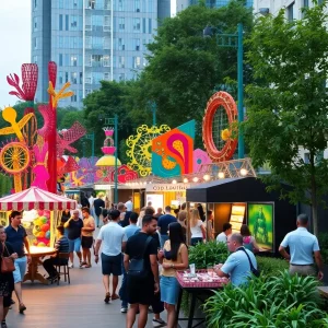 Vibrant atmosphere at Painted Park with people dining and playing games