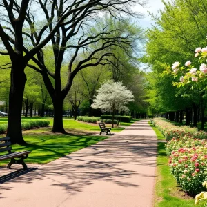 Calm corner in an Atlanta park with trees and flowers