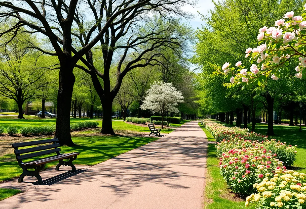 Calm corner in an Atlanta park with trees and flowers
