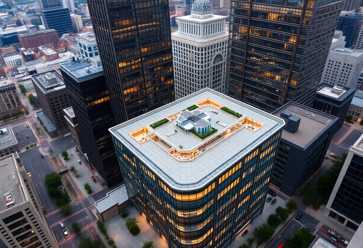Aerial view of Peachtree Center office towers in Atlanta