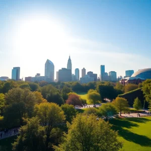 Morning scene at Piedmont Park with park visitors and skyline in background.