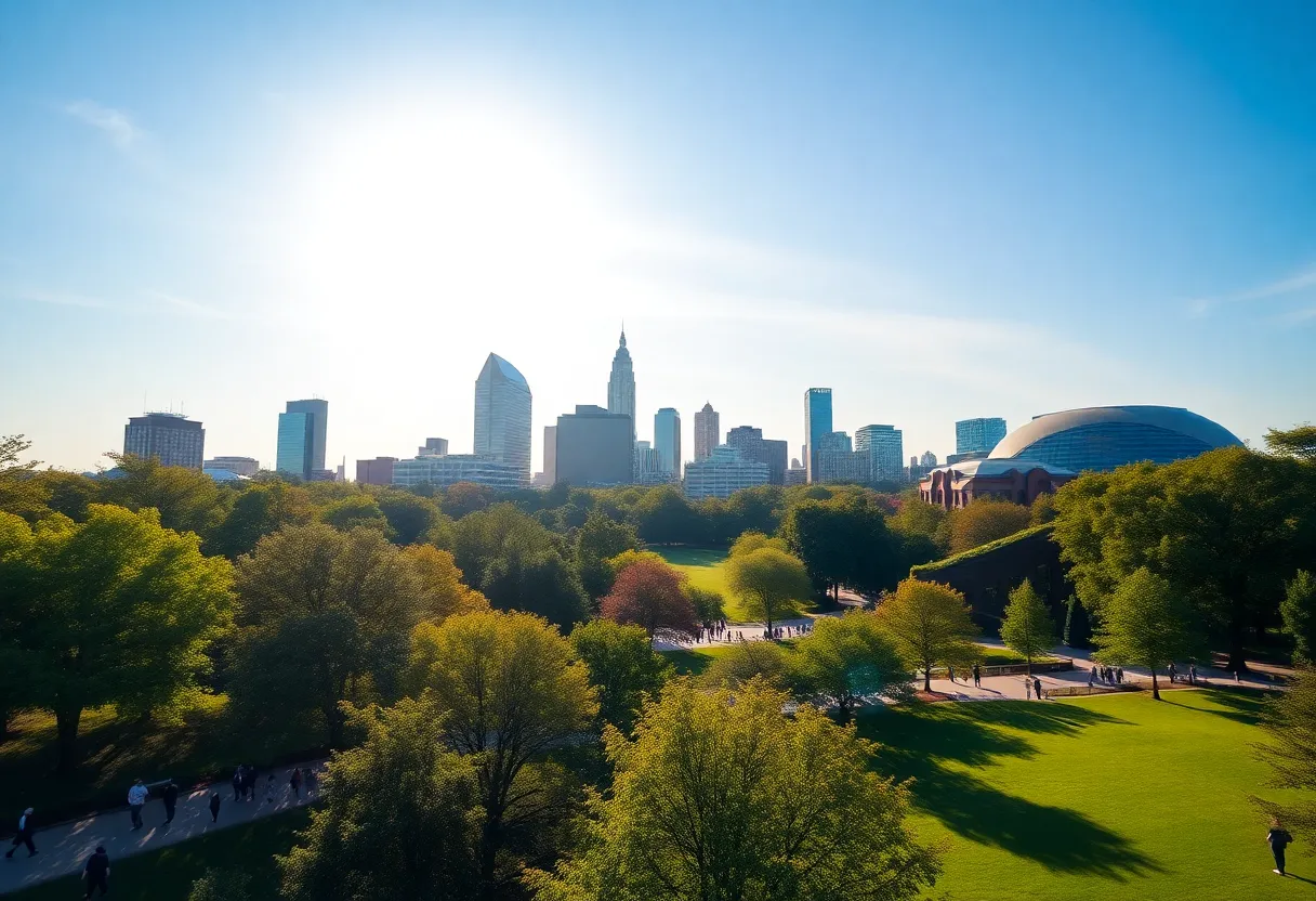 Morning scene at Piedmont Park with park visitors and skyline in background.