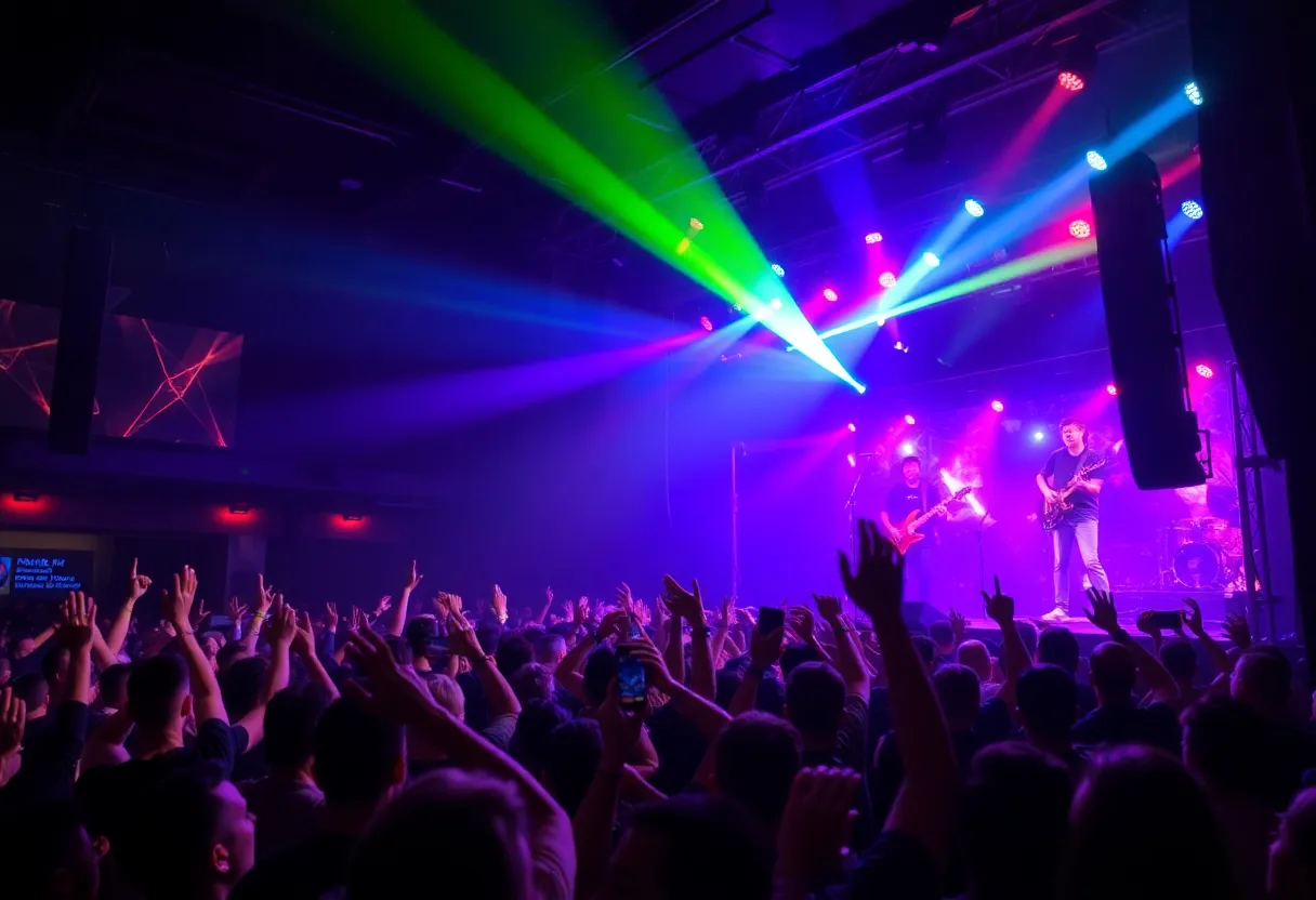 Concert scene with energetic crowd enjoying a live performance.