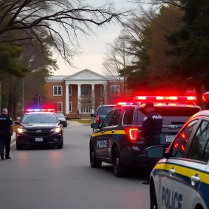 Police officers on a college campus responding to false alarm