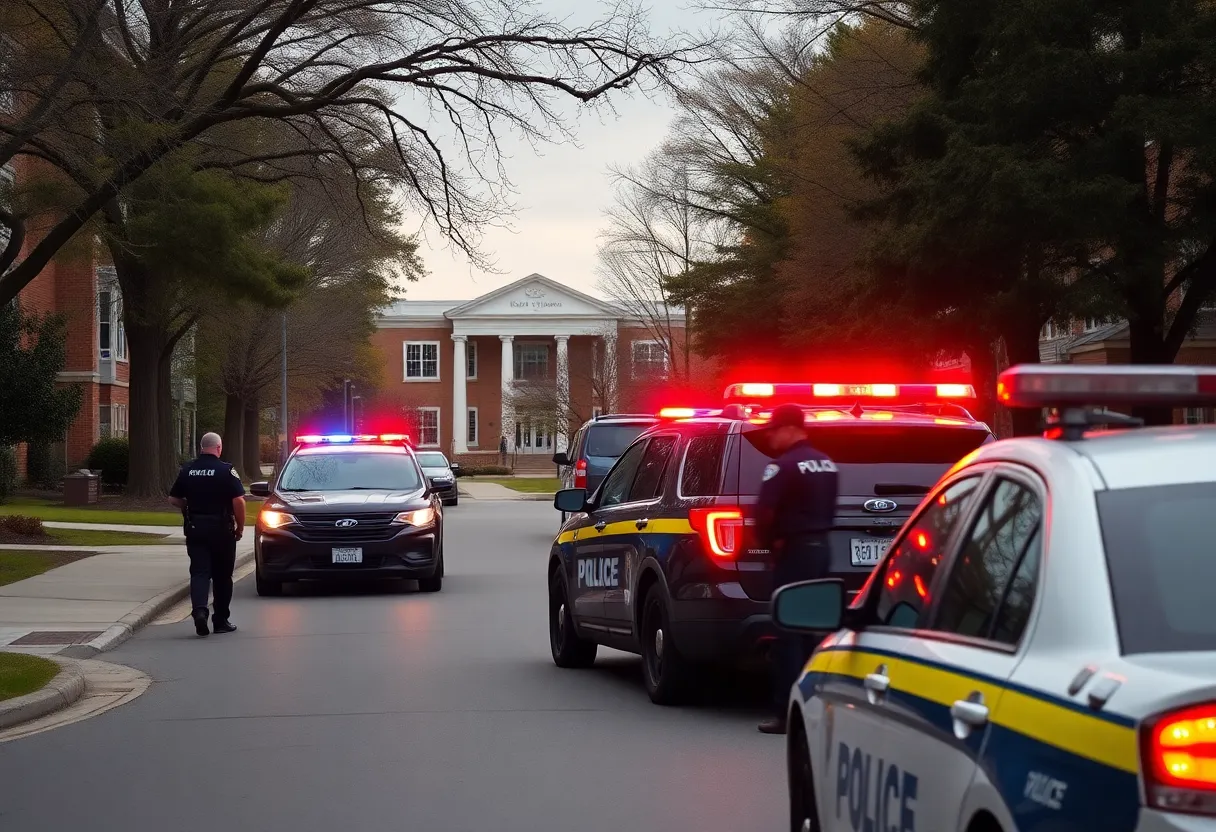 Police officers on a college campus responding to false alarm