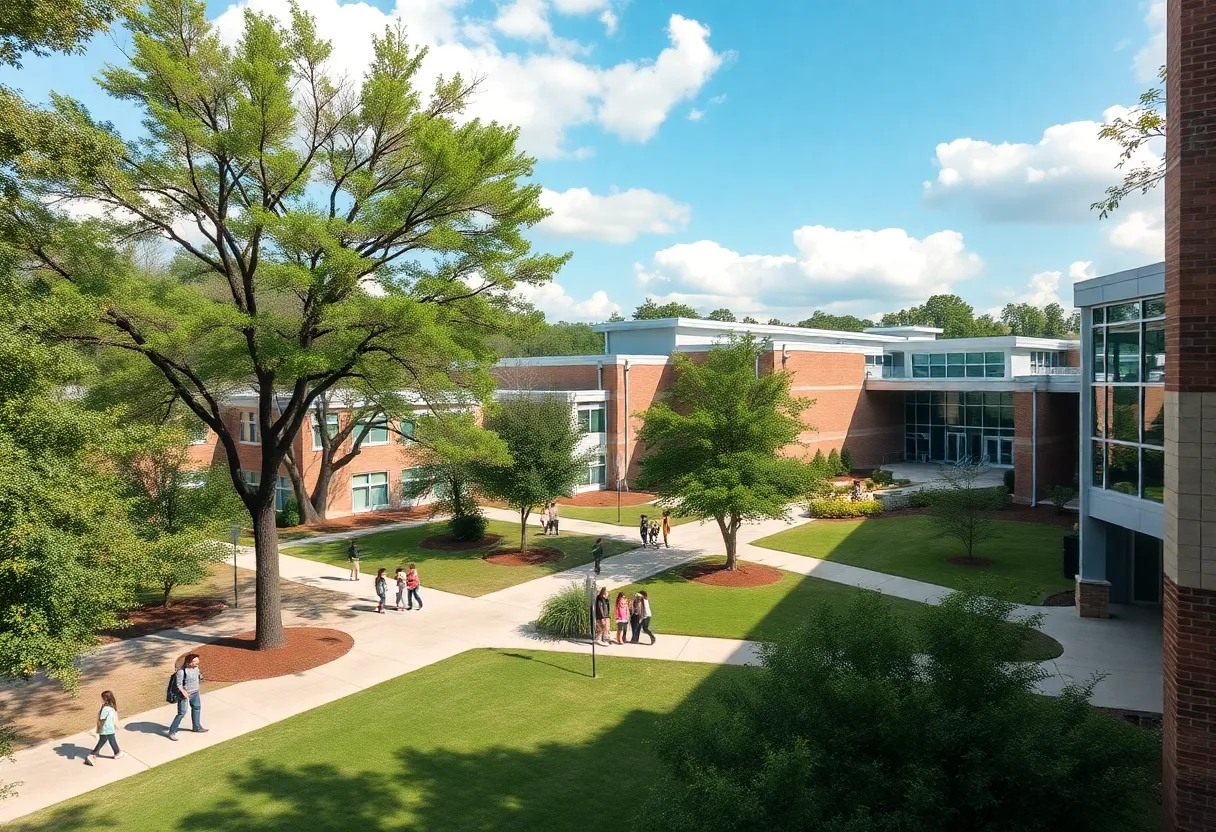 Exterior view of a private K-12 school in Atlanta with students engaged in education.