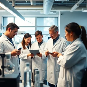 Scientists working in a research laboratory focused on energy systems and Alzheimer's disease
