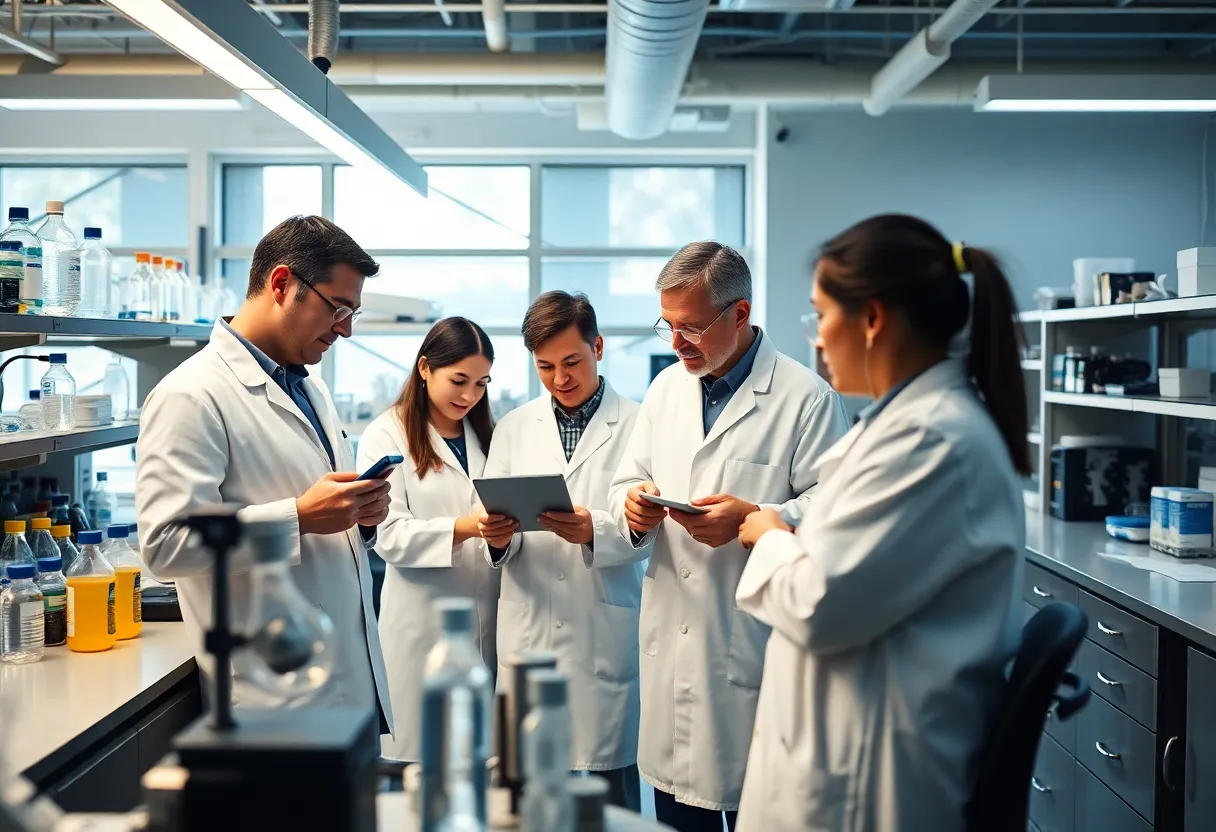 Scientists working in a research laboratory focused on energy systems and Alzheimer's disease