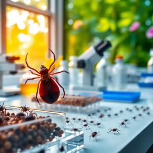 Scientist examining tick specimens in a laboratory