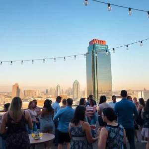 A vibrant rooftop party setting in Atlanta with guests enjoying food and music.