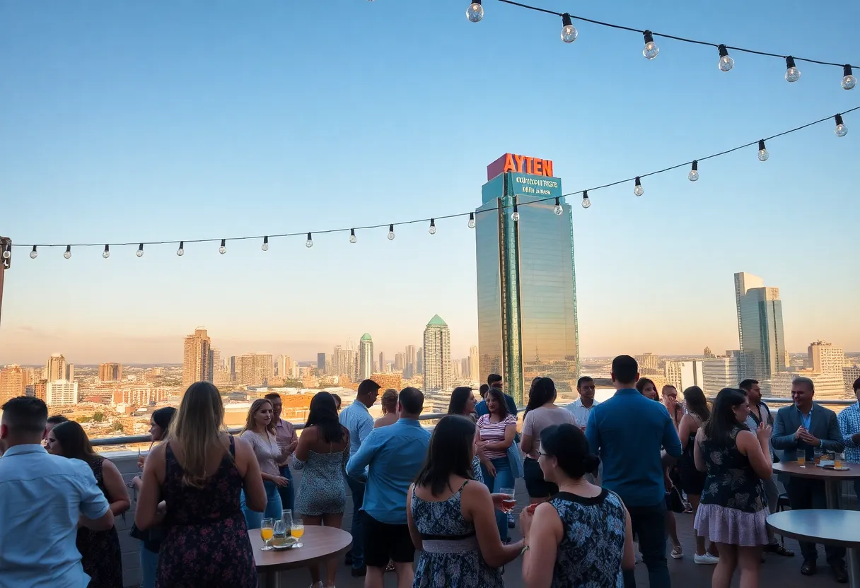 A vibrant rooftop party setting in Atlanta with guests enjoying food and music.