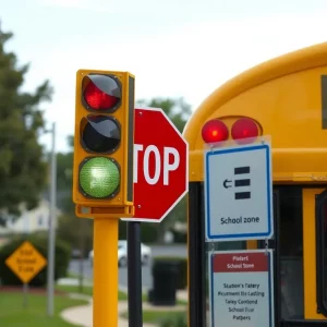 A school bus with activated flashers and stop arm in a school zone.