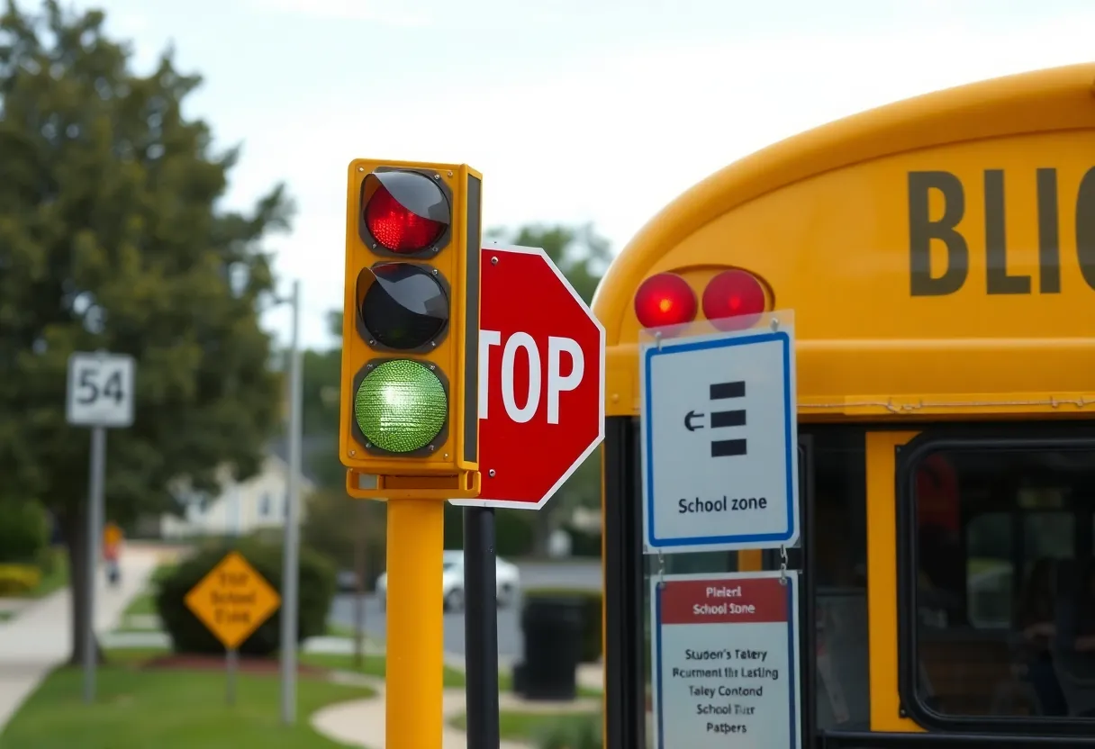A school bus with activated flashers and stop arm in a school zone.