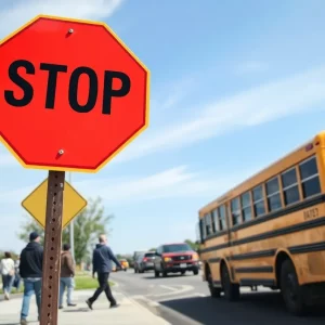 A stopped school bus with a visible stop sign and vehicles stopping nearby.