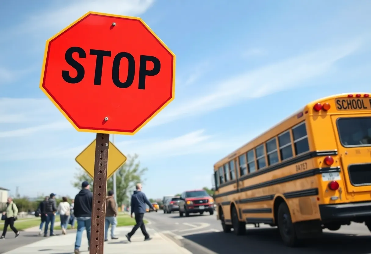 A stopped school bus with a visible stop sign and vehicles stopping nearby.