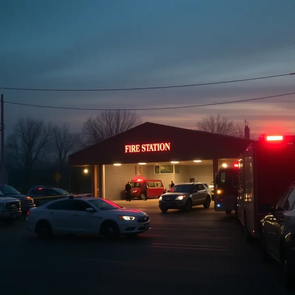 Fire station in Atlanta with police lights flashing after a shooting incident.