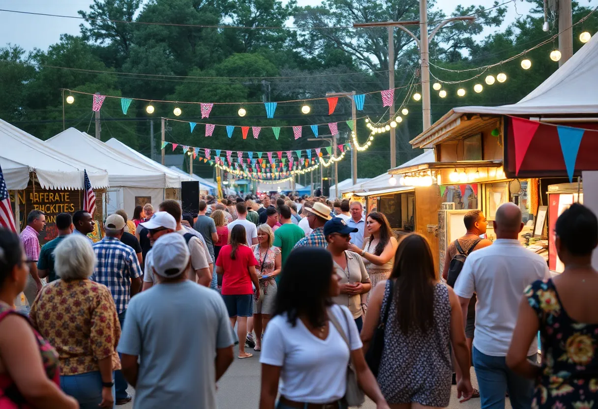 A lively Southern festival featuring cultural displays, music, and food trucks.