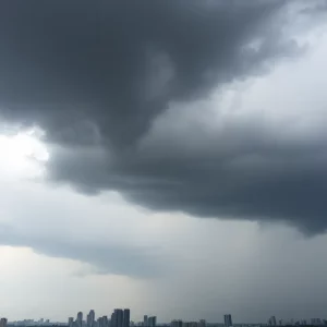 Dramatic storm clouds gather over a Georgia city skyline