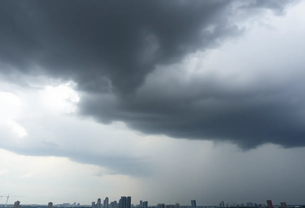 Dramatic storm clouds gather over a Georgia city skyline