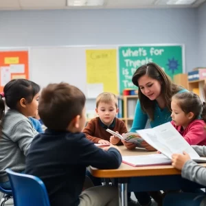 Elementary school students working on reading skills with a literacy coach.