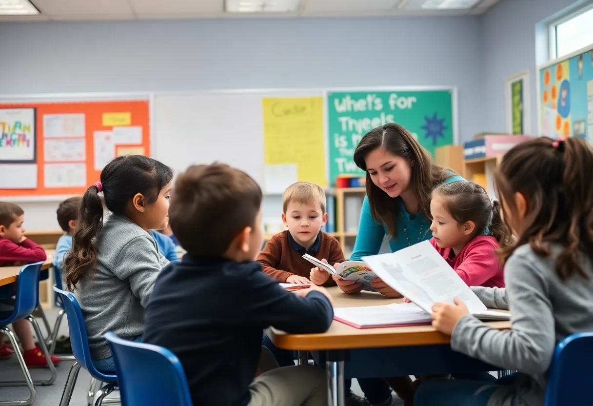 Elementary school students working on reading skills with a literacy coach.