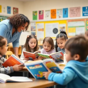 Students participating in reading activities in a classroom setting.