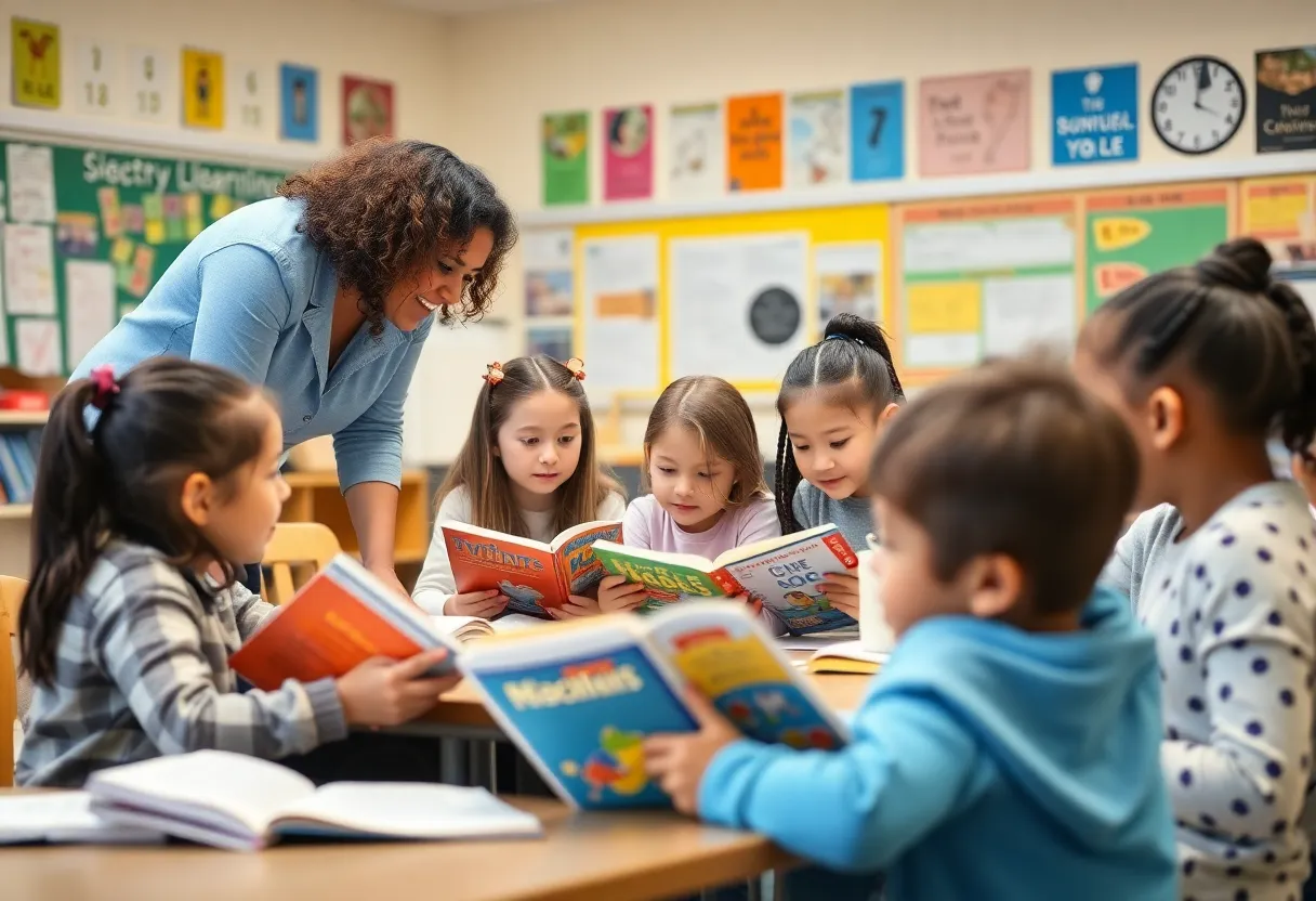 Students participating in reading activities in a classroom setting.