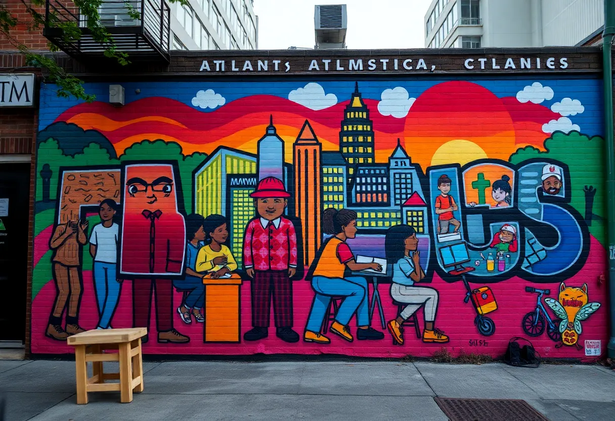 Colorful mural on a wall in Atlanta depicting a community-based theme.