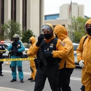 Law enforcement at a federal building with hazmat suits