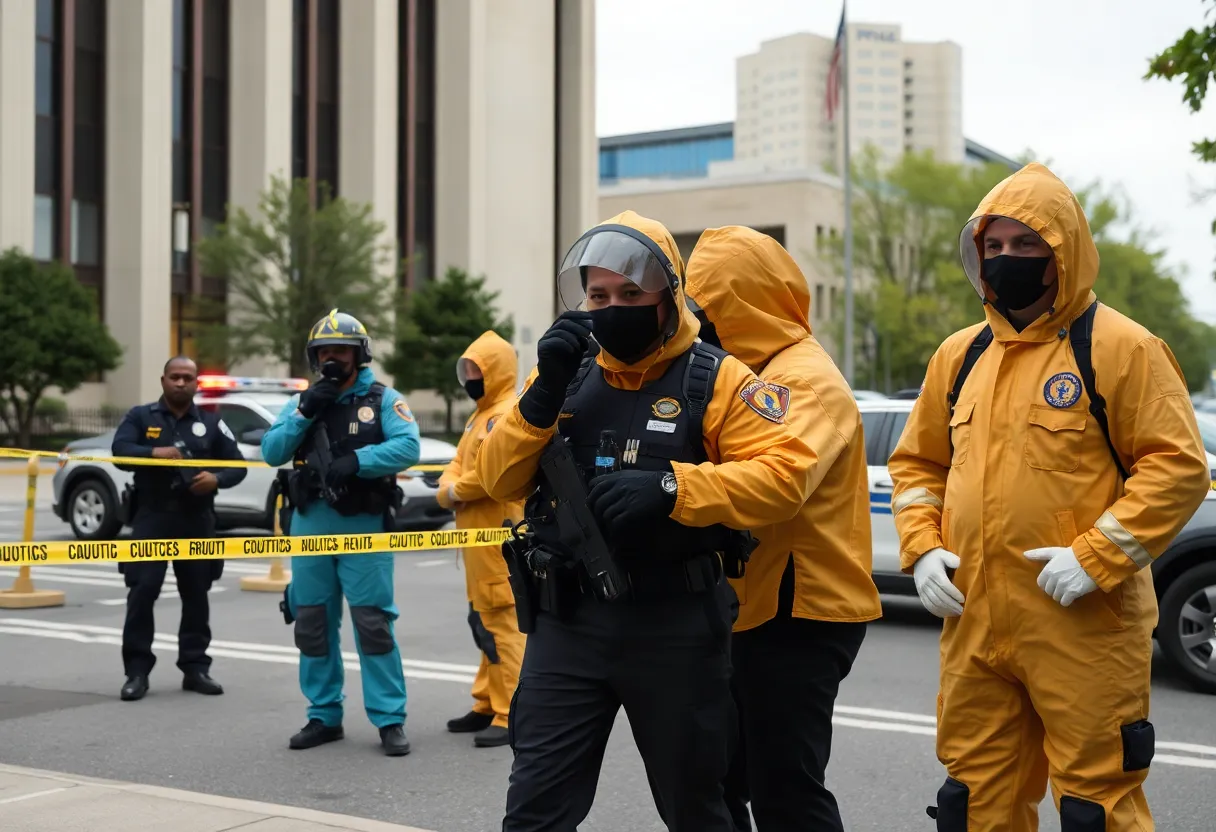 Law enforcement at a federal building with hazmat suits