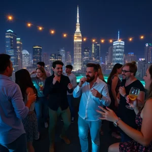 Guests celebrating at a rooftop party with stunning skyline views