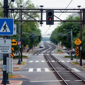 Train tracks with warning signs in Atlanta's Lindbergh neighborhood