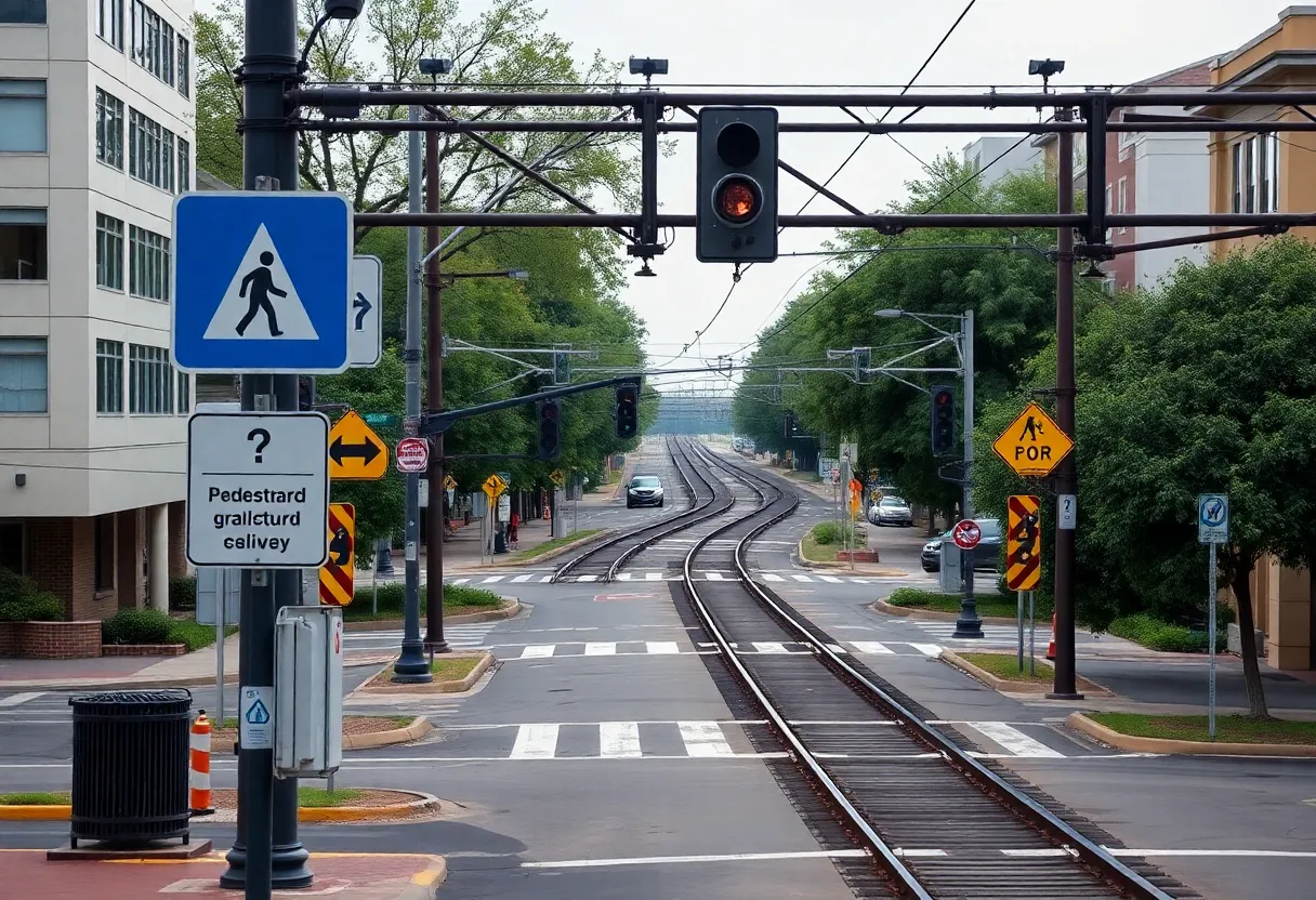 Train tracks with warning signs in Atlanta's Lindbergh neighborhood