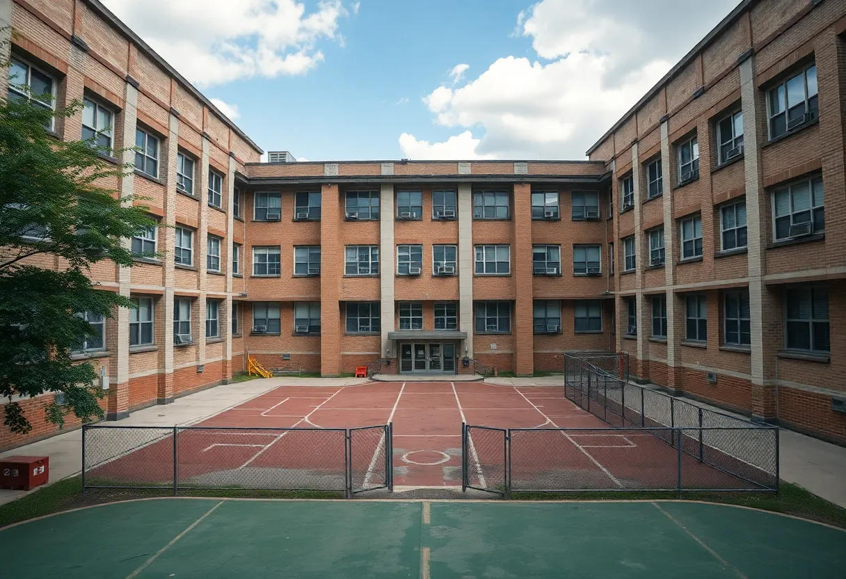 Old school building in Atlanta with empty playground