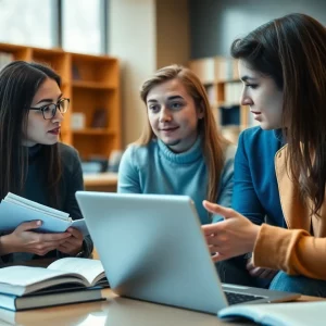 Students discussing artificial intelligence in an academic setting