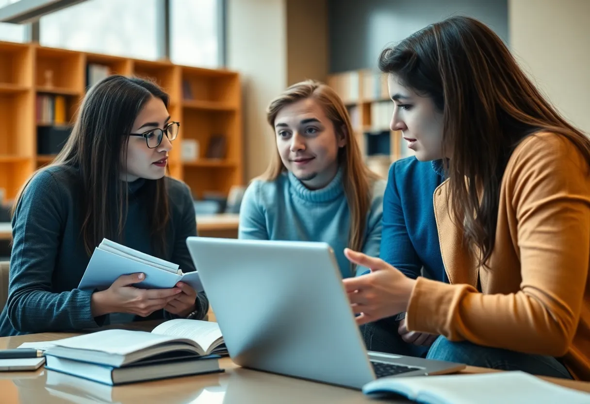 Students discussing artificial intelligence in an academic setting
