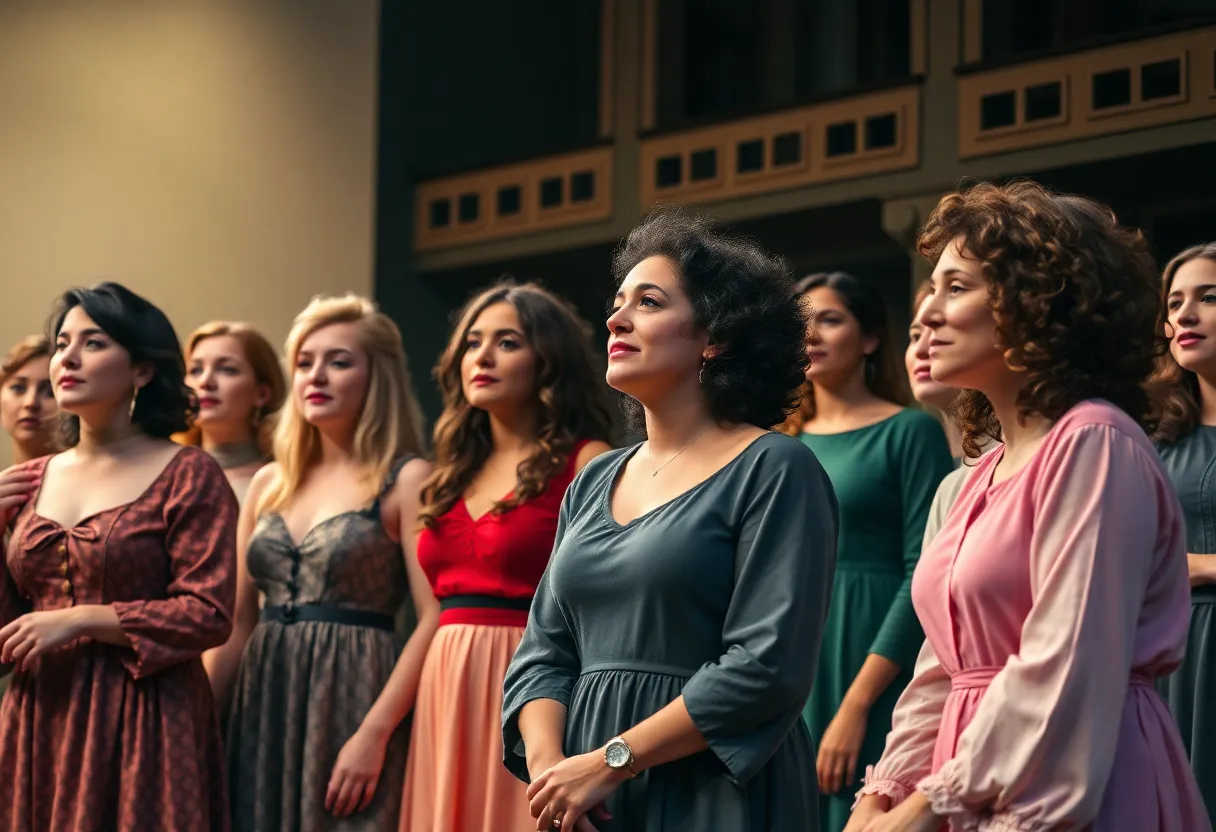 Scene from an all-female adaptation of The Taming of the Shrew with actors on stage