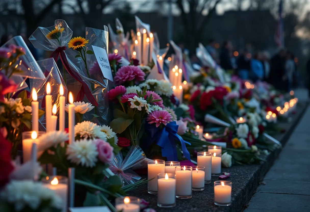 Memorial setup with flowers and candles for the victims of Apalachee High School shooting