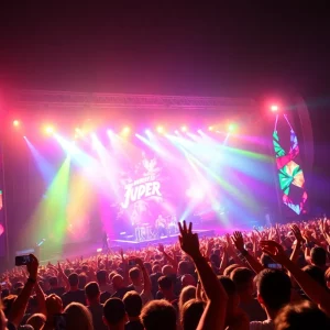 A vibrant concert audience enjoying Ariana Grande live performance.