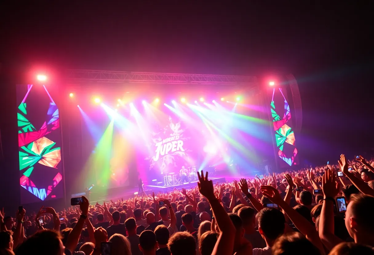 A vibrant concert audience enjoying Ariana Grande live performance.