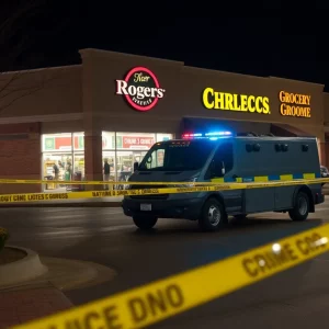 Crime scene with armored truck outside a grocery store in Atlanta