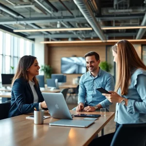 Entrepreneurs using ATL BIZ platform in a modern office