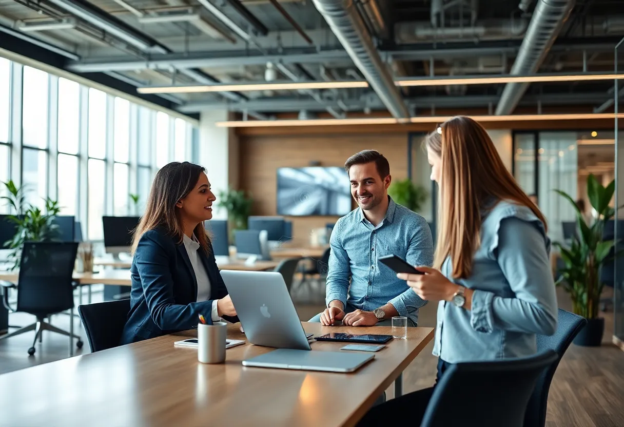 Entrepreneurs using ATL BIZ platform in a modern office