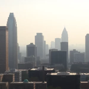 Cityscape of Atlanta under a Code Orange air quality alert with smog.