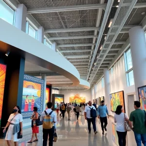 Travelers exploring art exhibits at Hartsfield-Jackson Airport