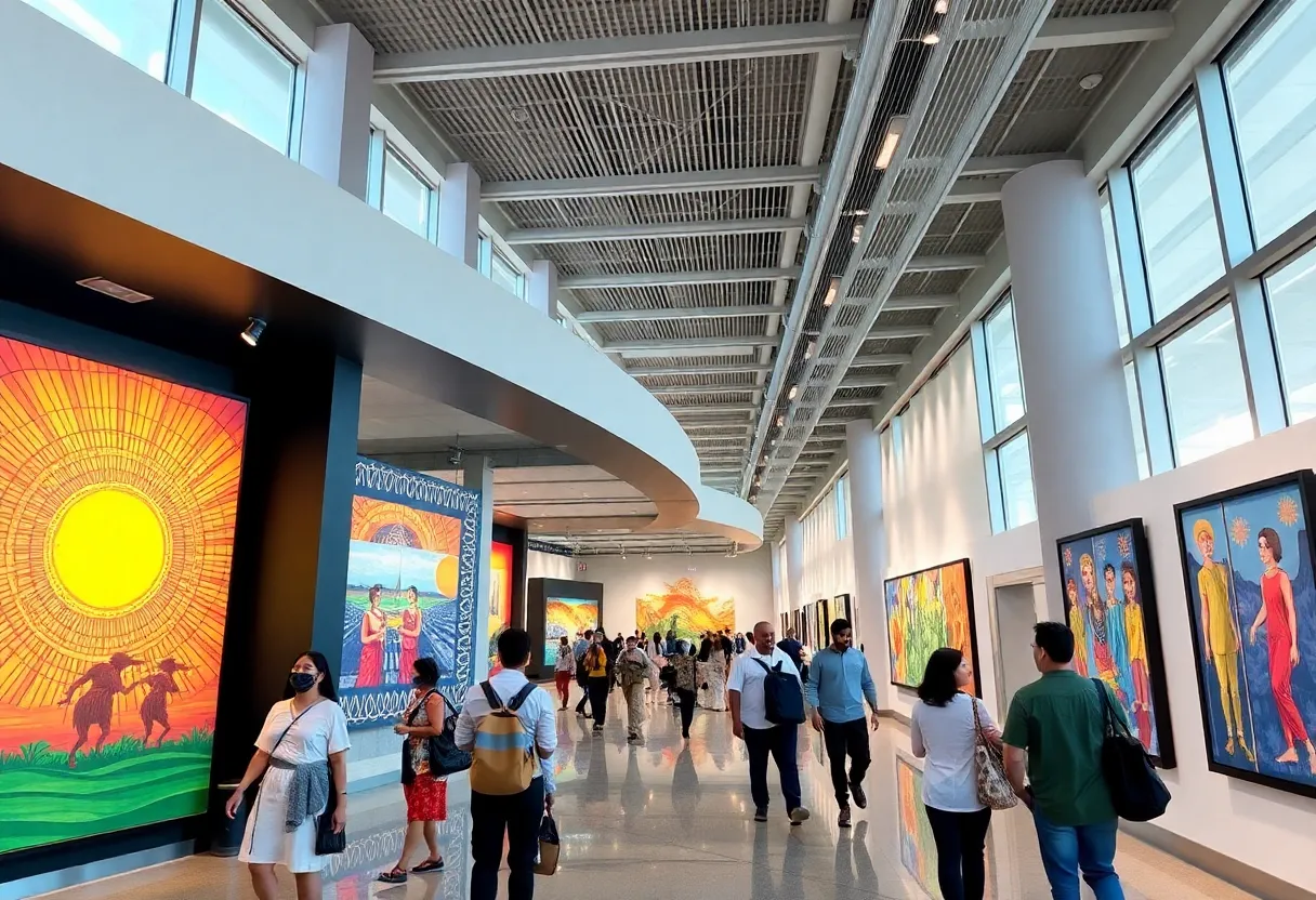 Travelers exploring art exhibits at Hartsfield-Jackson Airport
