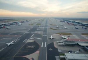 Aerial view of Hartsfield-Jackson Atlanta International Airport showcasing runway activity.
