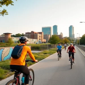 Cyclists enjoying the Atlanta BeltLine surrounded by vibrant murals and green spaces